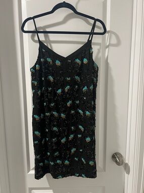 Black Sequin Slip Dress with Teal Accents